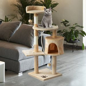 Arranhador de gato com Plataformas, Cabine e uma Bola de jogo, Cor bege