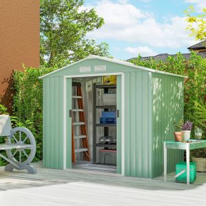 Abrigo de Jardim 213x130x185 cm Abrigo de Jardim Metálico de Exterior para Armazenamento de Ferramentas com 2 Portas Deslizantes e 4 Janelas para Terraço Verde Claro