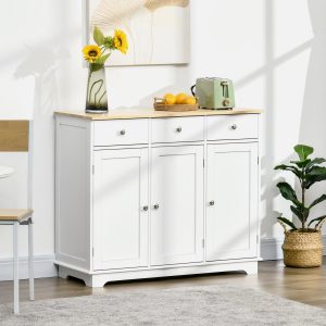 Aparador de Cozinha com 3 Gavetas, 3 Portas e Prateleiras Ajustáveis, Móvel Auxiliar de Armazenamento Estilo Moderno Anti-Rolamento 101x40x85cm Branco