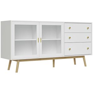 Aparador de cozinha Moderno com 2 Portas de Vidro 3 Gavetas 160x40x80 cm Branco e Madeira