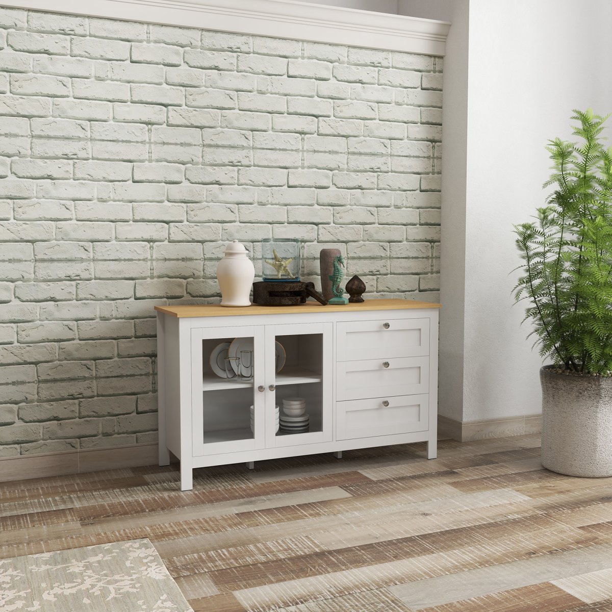 Aparador para Sala de Estar com 2 Portas de Vidro, 3 Gavetas e Prateleira Ajustável 120x40x70 cm Branco e Madeira - Image 3