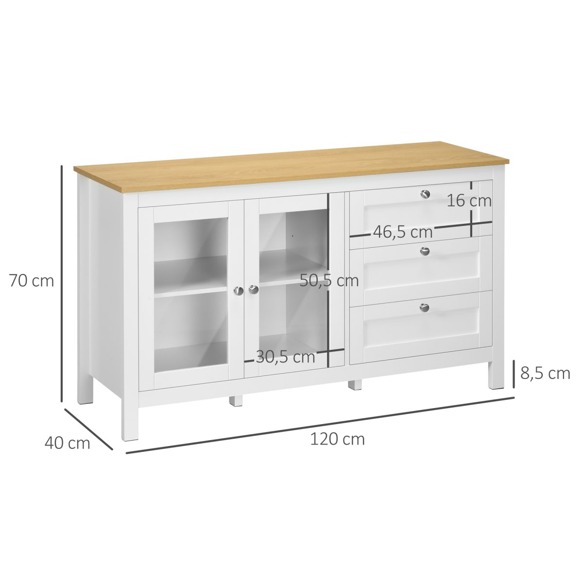 Aparador para Sala de Estar com 2 Portas de Vidro, 3 Gavetas e Prateleira Ajustável 120x40x70 cm Branco e Madeira - Image 4