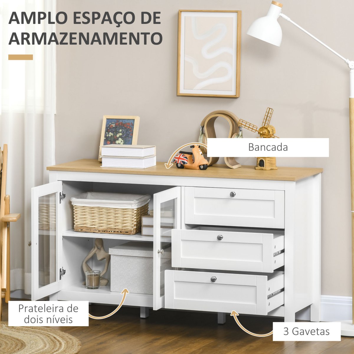Aparador para Sala de Estar com 2 Portas de Vidro, 3 Gavetas e Prateleira Ajustável 120x40x70 cm Branco e Madeira - Image 5