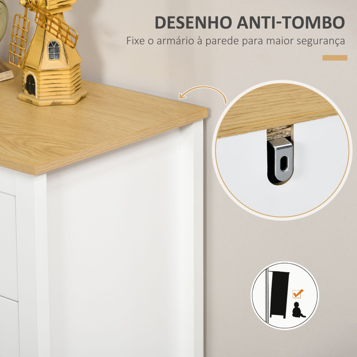Aparador para Sala de Estar com 2 Portas de Vidro, 3 Gavetas e Prateleira Ajustável 120x40x70 cm Branco e Madeira - Image 7
