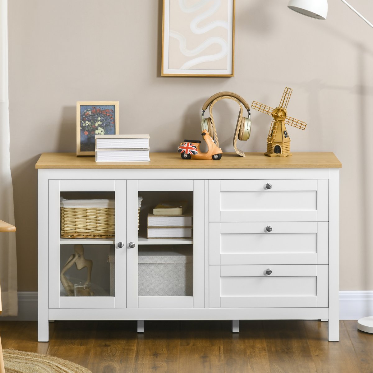 Aparador para Sala de Estar com 2 Portas de Vidro, 3 Gavetas e Prateleira Ajustável 120x40x70 cm Branco e Madeira - Image 8