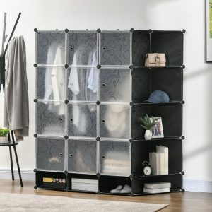 Armário Modular de Plástico, Armário Portátil com 16 Cubos e 2 Barras, Organizador de Sapatos, Roupas, Brinquedos 145x46x162cm Preto e Branco