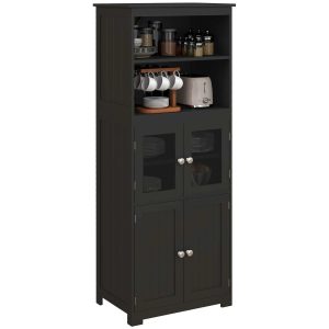 Armário de Cozinha com 2 Portas Vidro Temperado Prateleiras Abertas e Prateleira Ajustável para Sala Estar 60x30x162 cm Preto