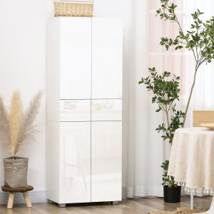 Armário de Cozinha com 4 Portas, 2 Gavetas e Prateleiras Ajustáveis Estilo Moderno Anti-Tombo 60x35x170cm Branco