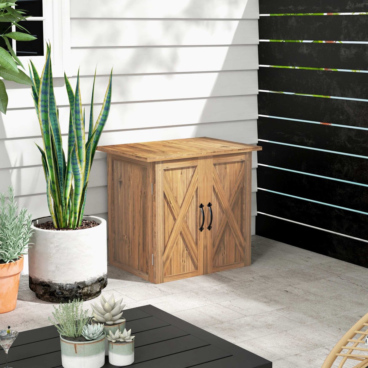 Ármário de Jardim Abrigo de Madeira para Exterior com 2 Portas Magnéticas Abrigo para Armazenamento de Ferramentas 77x55x72 cm Marrom - Image 2