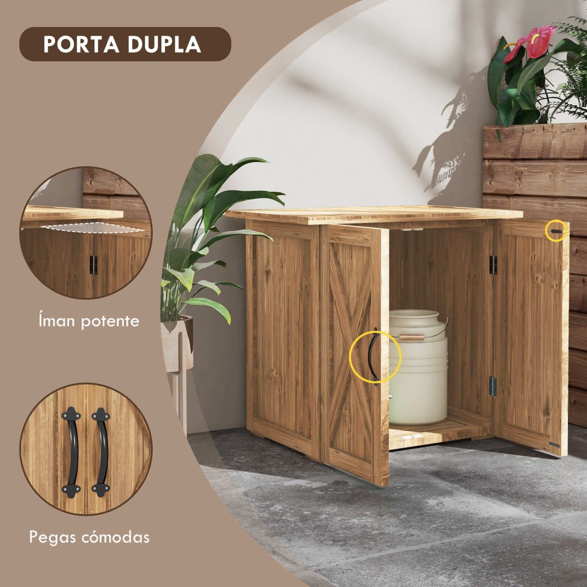 Ármário de Jardim Abrigo de Madeira para Exterior com 2 Portas Magnéticas Abrigo para Armazenamento de Ferramentas 77x55x72 cm Marrom - Image 5