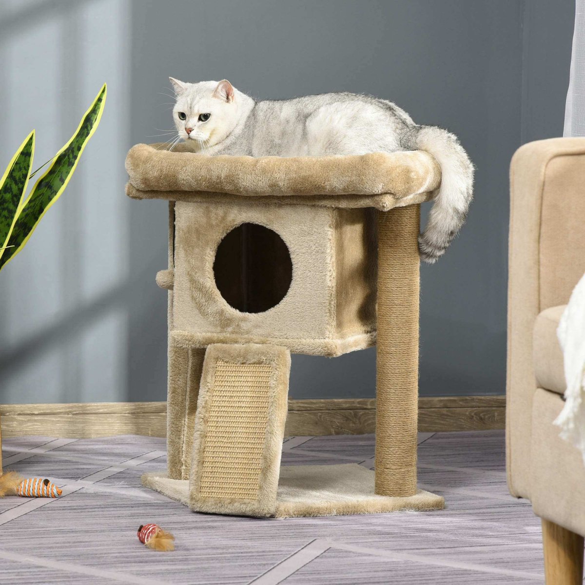 Árvore Arranhador para Gatos Pequenos Altura 57 cm com Poste de Juta Rampa Caverna e Bola Suspensa 40x40x57 Areia - Image 3