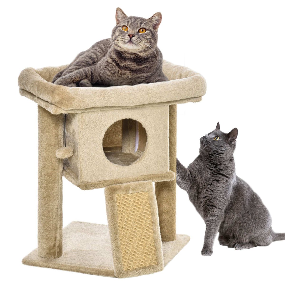 Árvore Arranhador para Gatos Pequenos Altura 57 cm com Poste de Juta Rampa Caverna e Bola Suspensa 40x40x57 Areia