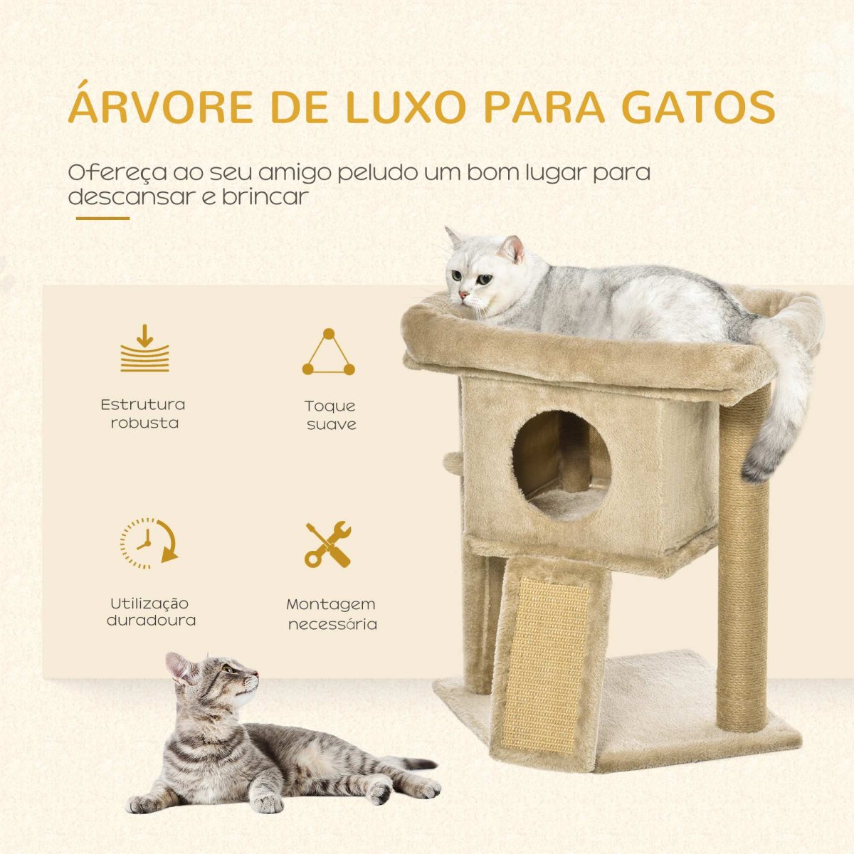 Árvore Arranhador para Gatos Pequenos Altura 57 cm com Poste de Juta Rampa Caverna e Bola Suspensa 40x40x57 Areia - Image 5