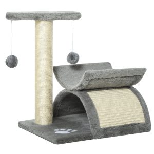 Árvore Arranhador para Gatos com Poste Giratório Bolas Suspensas e Esconderijo 40x30x43 cm Cinza