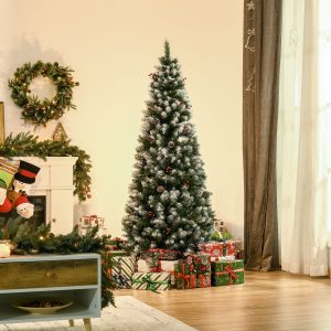 Árvore de Natal Artificial 180cm Ignífugo com 618 Ramos, 34 Bagas, 30 Pinhas Folhas de PVC e Suporte Metálico Decoração de Natal para Interiores Verde