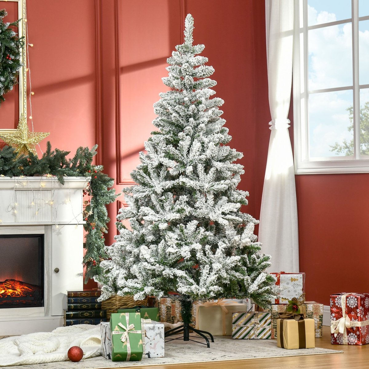 Árvore de Natal Artificial 180cm com Neve Ignífuga com 750 Ramos, Folhas de PVC, Abertura Automática, Base Dobrável e Suporte Metálico Decoração de Natal para Interiores Verde