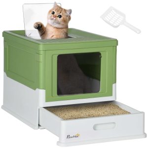 Caixa de Areia para Gatos Dobrável Fechada com Cobertura Desmontável Bandeja Removível Teto Rebatível Porta Entrada e Pá 47,5×35,5×36,7cm Verde Claro