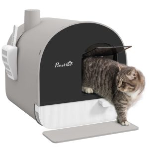 Caixa de Areia para Gatos Fechada com Porta Dianteira Bandeja Removível Pá Tapete e Filtro 43x44x47 cm Cinza