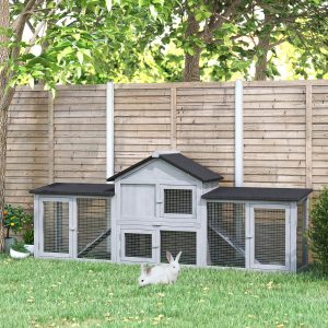 Coelheira de Exterior Grande para 2-4 Coelhos com Teto Asfáltico, Recinto de Arame, Bandeja Removível e Rampas 210×45,5×84,5cm Cinza e Preto