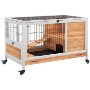 Coelheira de Madeira Gaiola de para Pequenos Animais Portátil com Teto Abatível Rampa Bandeja Removível para Coelhos da Índia 90x53x59 cm Madeira
