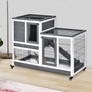 Coelheira de Madeira Interior com Rodas Gaiola para Coelhos de 2 Pisos com Zona Aberta e 2 Bandejas Removíveis 110x50x86cm Cinza