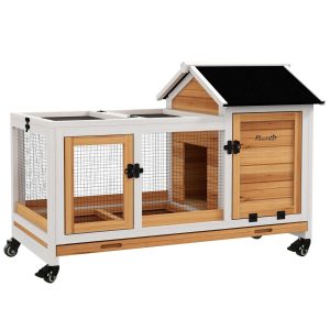 Coelheira de Madeira com Rodas 108x58x73,5 cm com Teto Abatível, cerca Metálica, Bandeja Amovível e Portas com Trava e Rampa Madeira e Branco