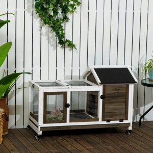Coelheira de Madeira com Rodas 108x58x73,5cm Gaiola para 1-2 Coelhos com Teto Abatível Cerca Metálica Bandeja Amovível Portas com Trava e Rampa Marrom Café e Branco