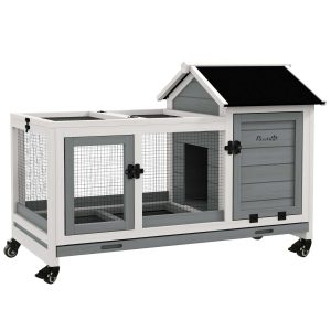 Coelheira de Madeira com Rodas 108x58x73,5cm com Teto Abatível, Cerca Metálica, Bandeja Amovível, Portas com Trava e Rampa Marrom Cinza e Branco