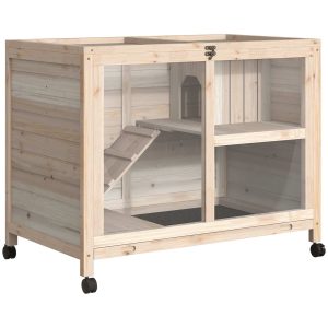 Coelheira de Madeira com Rodas 91,5×53,5x73cm Gaiola para Coelhos 2 Níveis com Teto Abatível Bandeja Amovível e Rampa Natural