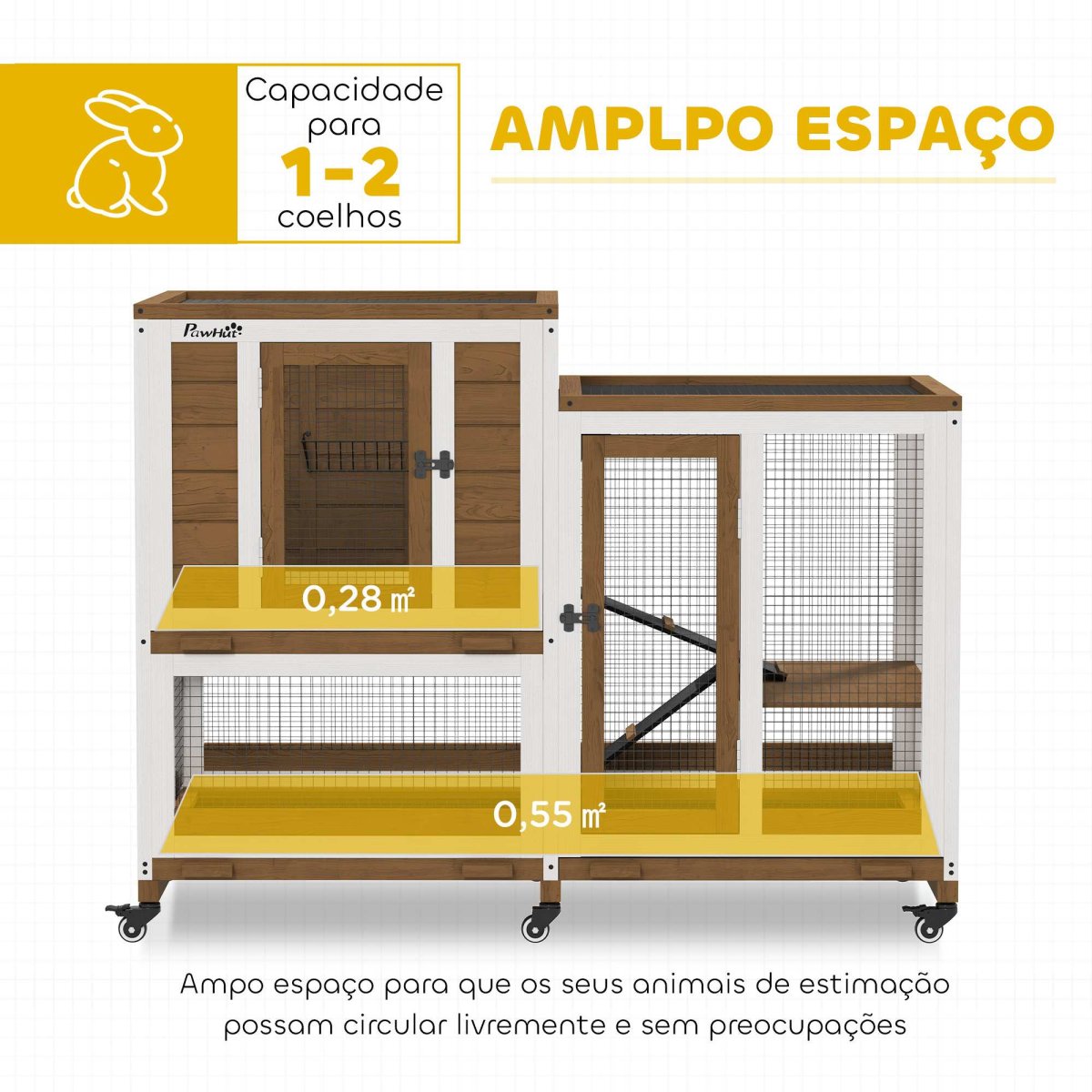 Coelheira de Madeira de 2 Níveis, com 6 Rodas, 2 Escadas, 3 Bandejas Amovíveis e Área Aberta 110x50x86 cm Marrom - Image 5