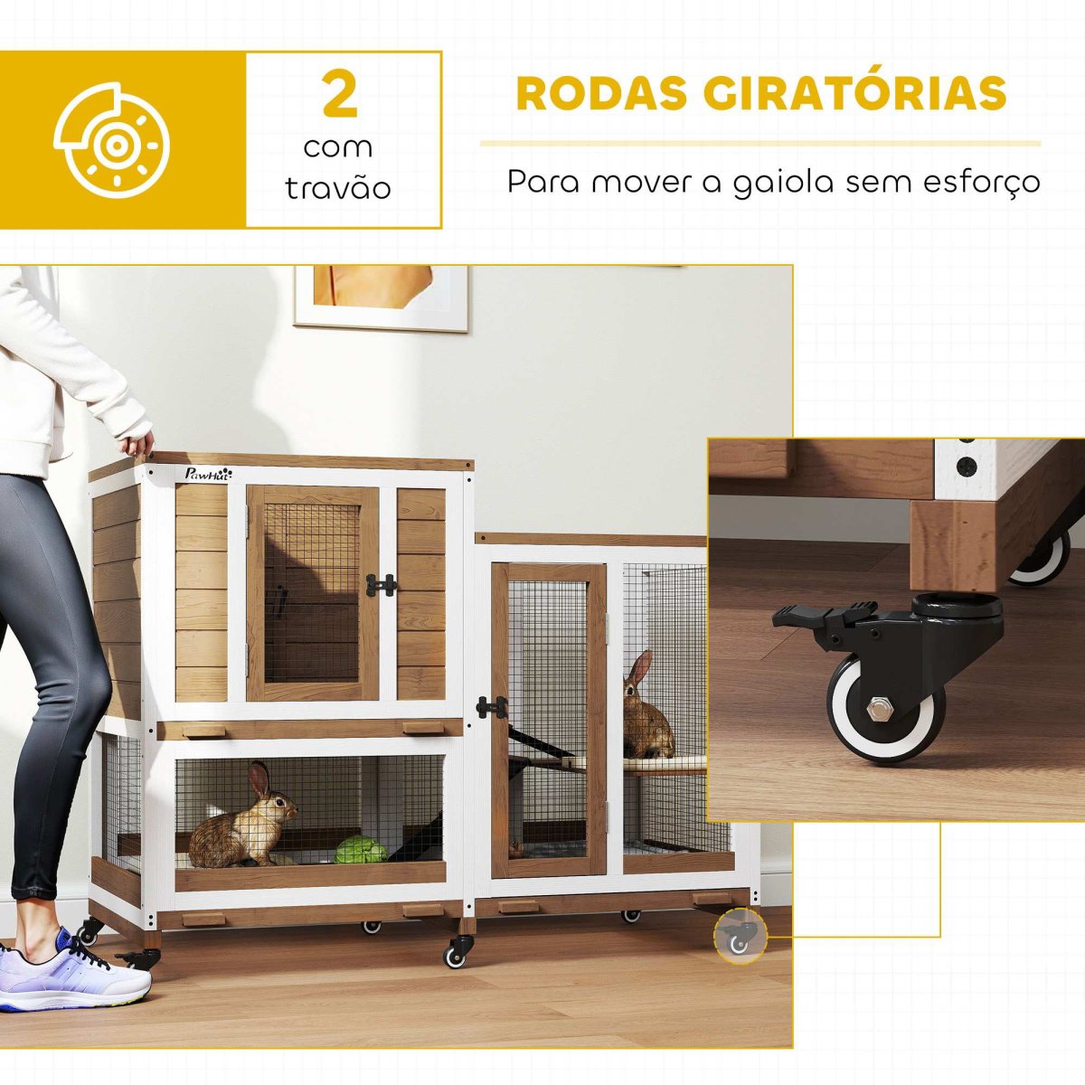 Coelheira de Madeira de 2 Níveis, com 6 Rodas, 2 Escadas, 3 Bandejas Amovíveis e Área Aberta 110x50x86 cm Marrom - Image 8