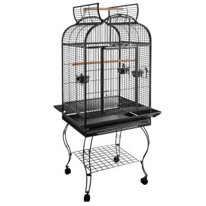 Gaiola metálica para pássaros com 2 portas poleiros, Grade deslizante e Bandeja Removível 4 rodas 75x69x159 cm cinza escuro