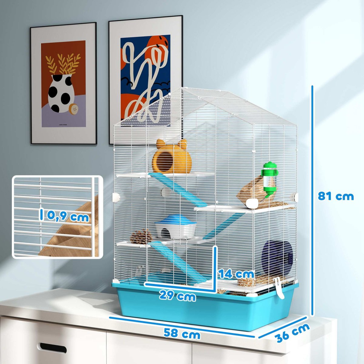 Gaiola para Hamster de 5 Níveis, com Plataformas, Comedouro, Bebedouro, Casa, Rampa e Rodas de Exercícios 58x36x81 cm Azul Claro - Image 4