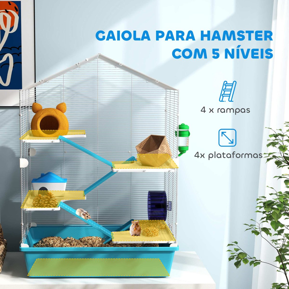 Gaiola para Hamster de 5 Níveis, com Plataformas, Comedouro, Bebedouro, Casa, Rampa e Rodas de Exercícios 58x36x81 cm Azul Claro - Image 5