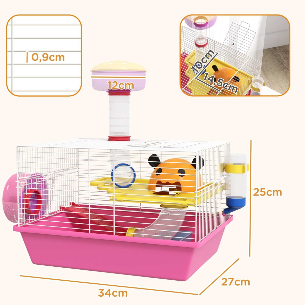 Gaiola para Hamsters Animais Pequenos com Comedouro Bebedouro Roda de Exercício Torre Observação e Casinha 34x27x25 cm Multicolor - Image 4