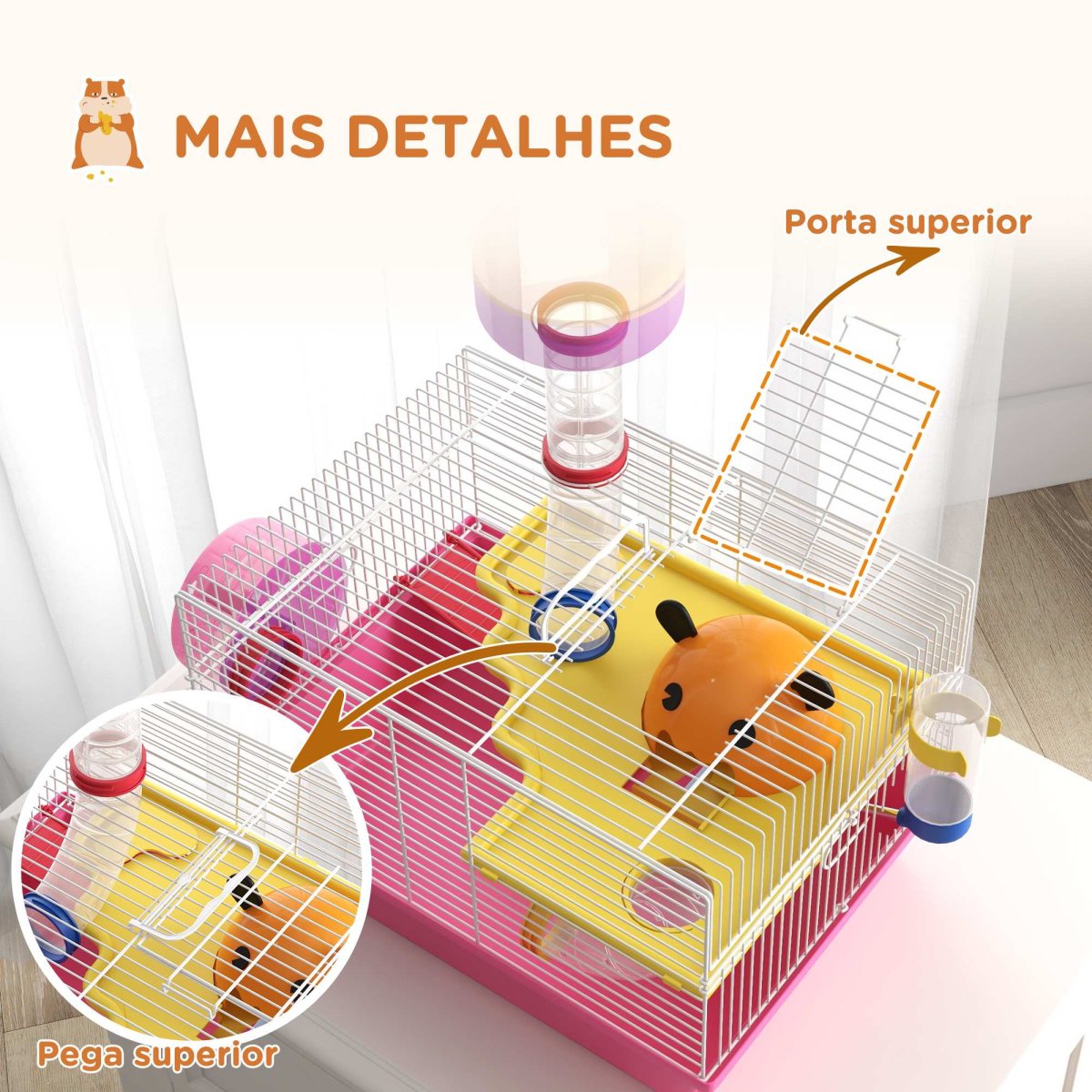 Gaiola para Hamsters Animais Pequenos com Comedouro Bebedouro Roda de Exercício Torre Observação e Casinha 34x27x25 cm Multicolor - Image 9