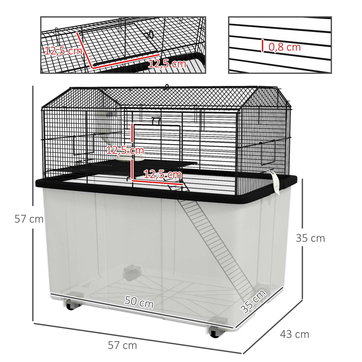 Gaiola para Hamsters com Comedouro, Bebedouro, Rampa e Roda 57x43x57 cm Preto - Image 4