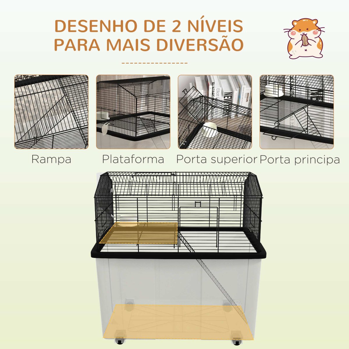 Gaiola para Hamsters com Comedouro, Bebedouro, Rampa e Roda 57x43x57 cm Preto - Image 5