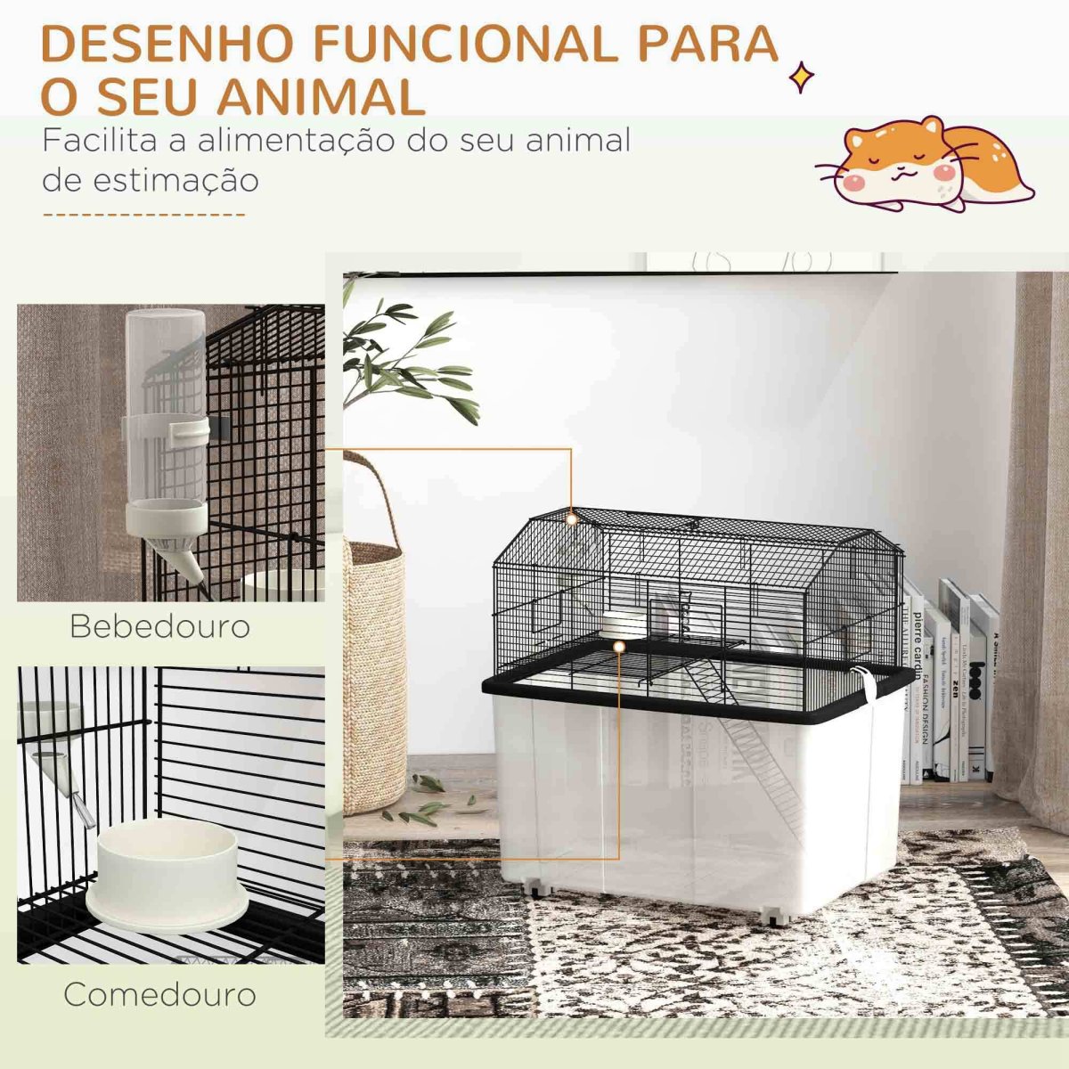 Gaiola para Hamsters com Comedouro, Bebedouro, Rampa e Roda 57x43x57 cm Preto - Image 7