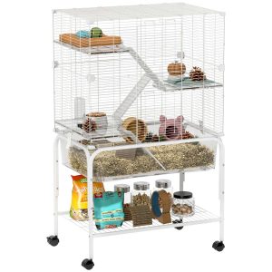 Gaiola para Roedores com Rodas Rampas Comedouro e Bebedouro Recinto para Chinchilas de 4 Níveis com Bandeja Inferior 73x47x123 cm Branco