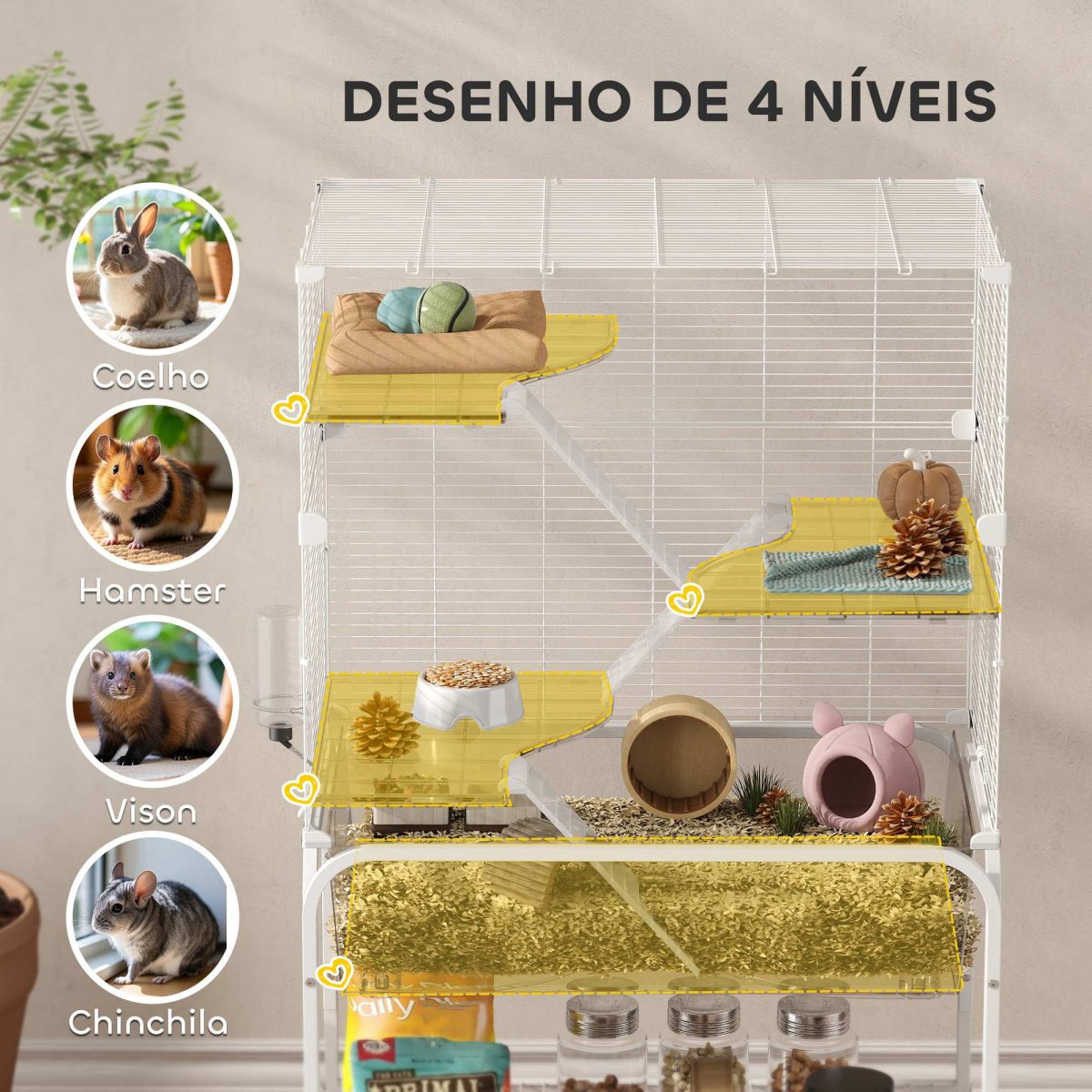 Gaiola para Roedores com Rodas Rampas Comedouro e Bebedouro Recinto para Chinchilas de 4 Níveis com Bandeja Inferior 73x47x123 cm Branco - Image 5
