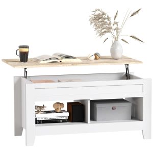 Mesa de Centro com Bancada Elevável, 2 Compartimentos Abertos  105x50x49 cm Branco e Madeira