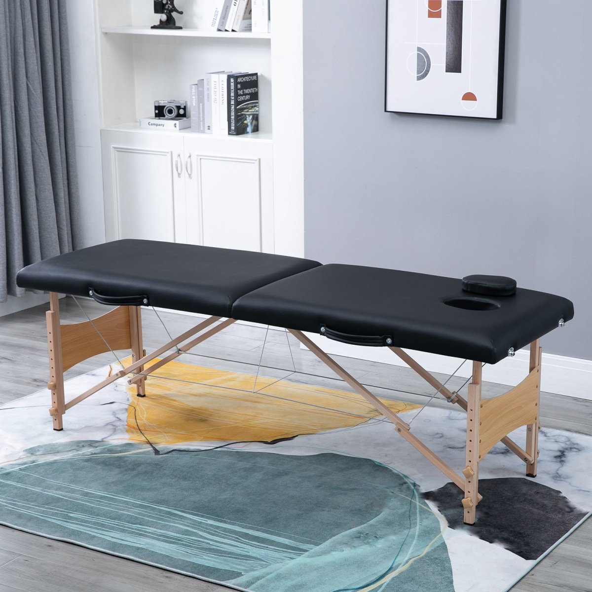 Mesa de Massagem Portátil com Apoio para a Cabeça Estrutura de Madeira Altura Ajustável e Bolsa de Transporte 186x60x58-81 cm Preto