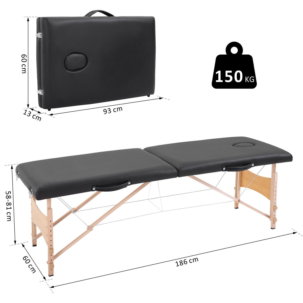 Mesa de Massagem Portátil com Apoio para a Cabeça Estrutura de Madeira Altura Ajustável e Bolsa de Transporte 186x60x58-81 cm Preto - Image 4