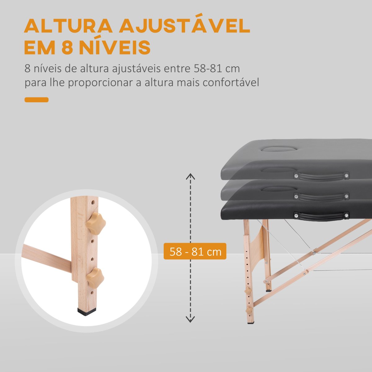 Mesa de Massagem Portátil com Apoio para a Cabeça Estrutura de Madeira Altura Ajustável e Bolsa de Transporte 186x60x58-81 cm Preto - Image 5