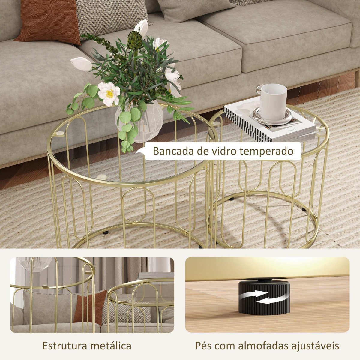 Mesas Auxiliares para Sala de Estar Redondas com Estrutura de Metal e Bancada de Vidro, Dourado - Image 7