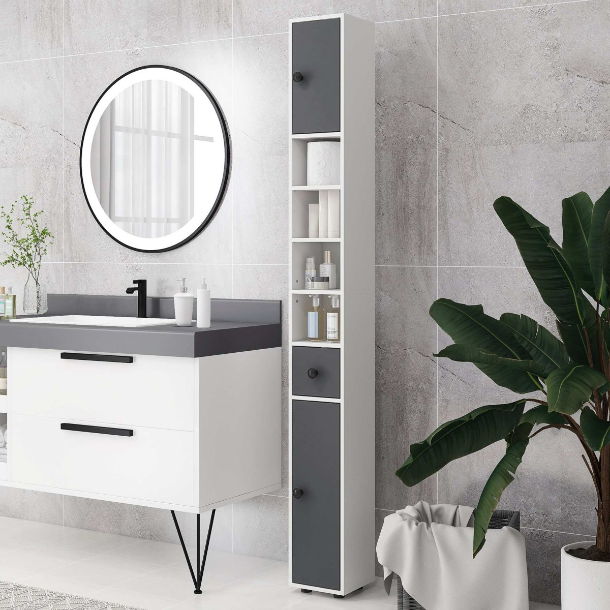 Móvel Auxiliar de Casa de Banho com 1 Gaveta, 5 Prateleiras Ajustáveis e 2 Armários 20x20x180 cm Cinza Branco - Image 3