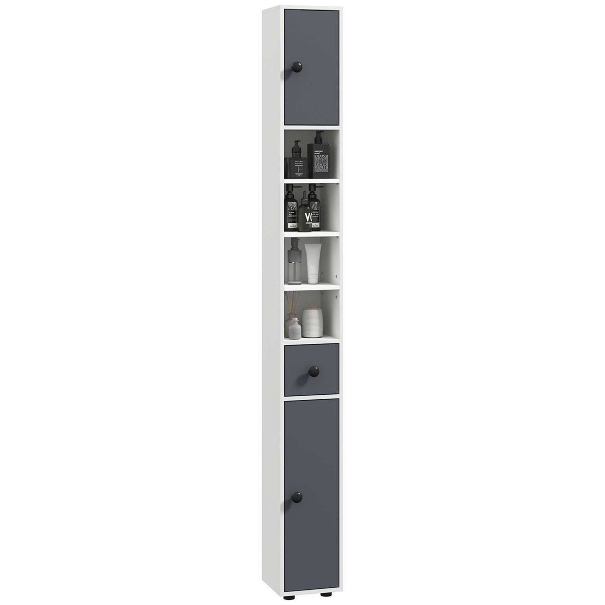 Móvel Auxiliar de Casa de Banho com 1 Gaveta, 5 Prateleiras Ajustáveis e 2 Armários 20x20x180 cm Cinza Branco