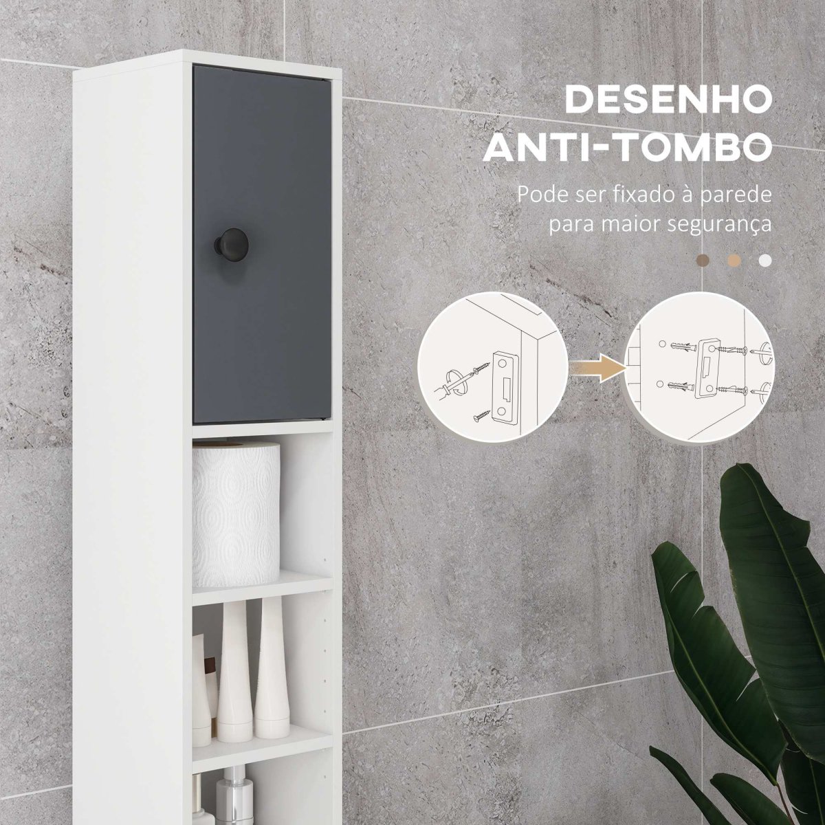 Móvel Auxiliar de Casa de Banho com 1 Gaveta, 5 Prateleiras Ajustáveis e 2 Armários 20x20x180 cm Cinza Branco - Image 6