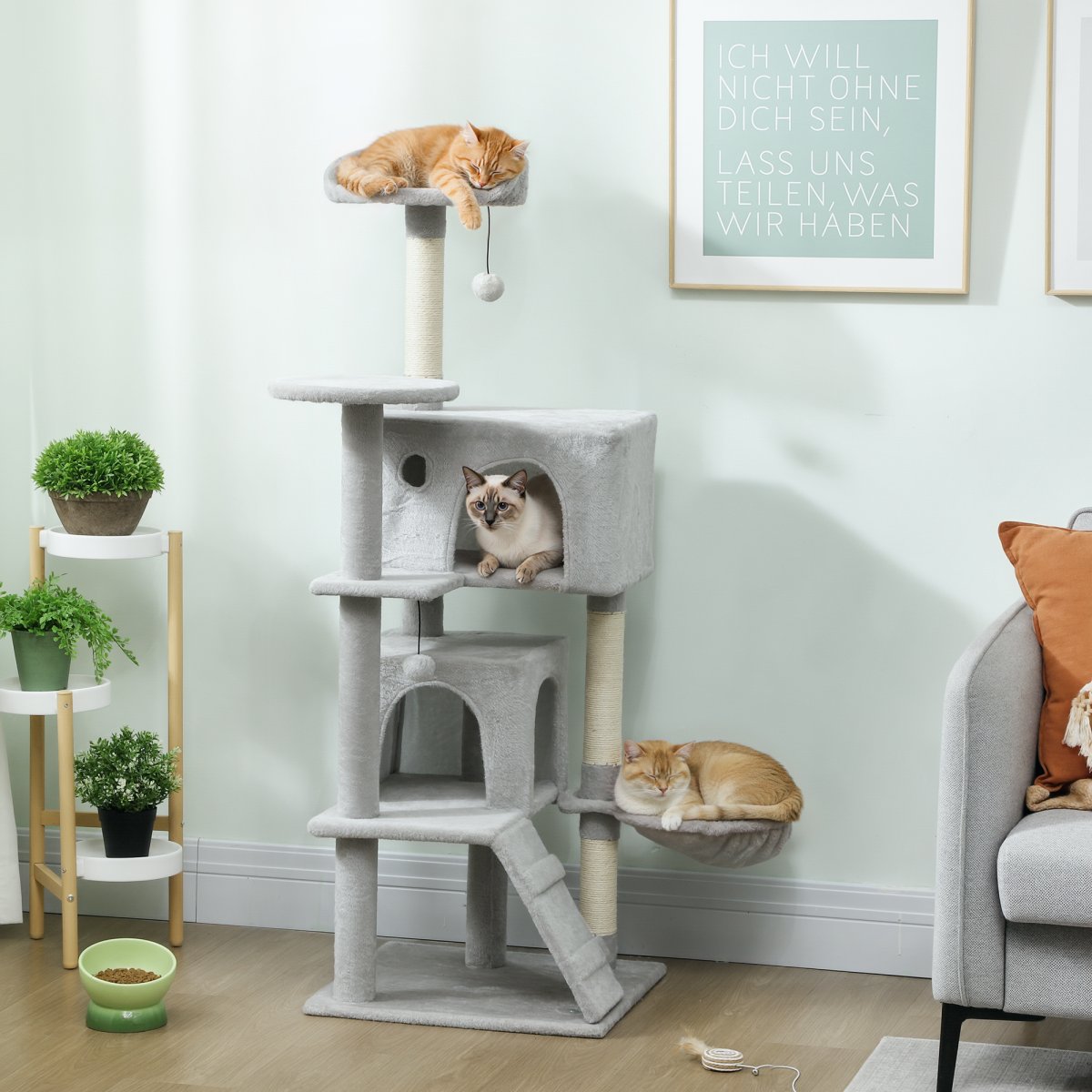 PawHut Arranhador para Gatos 140 cm Torre de Escalada com Múltiplas Plataformas Cama 2 Cavernas Rede Escada Postes de Sisal Bolas para Brincar Cinzento Claro